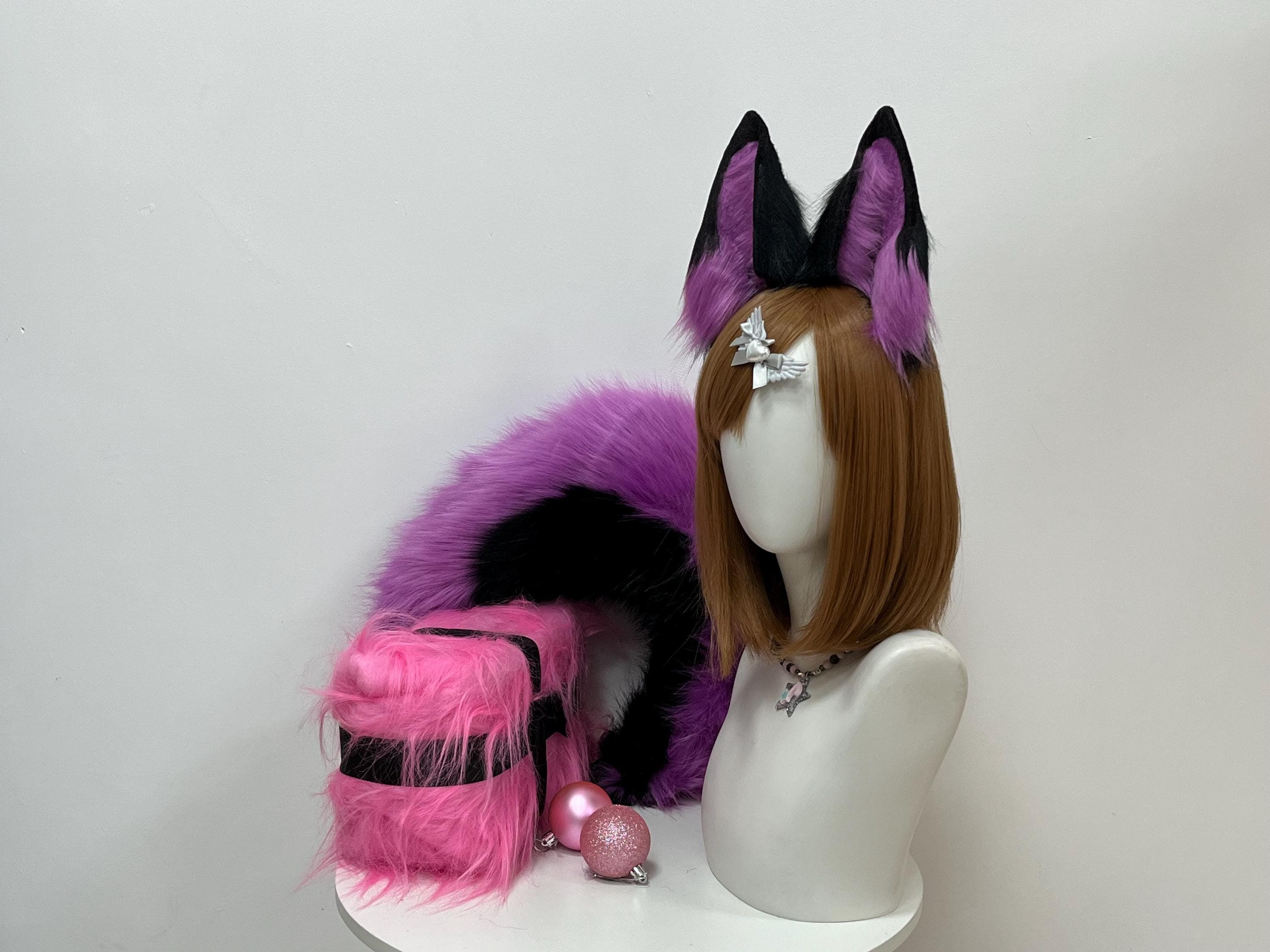 Handmade wolf ears headband three quarter view, tall pointed cosplay accessory with soft black outer fur and plush violet inner fur channeling therian, mystic galaxy lupine and moonlit furry fursona vibes. Great for anime cons, LARP quests, Halloween costume nights, cosplay photoshoots, rave outfits and kemonomimi streetwear. The realistic pointed shape and comfy headband fit make these a must have furry accessory for any cosplayer building a fierce predator look.