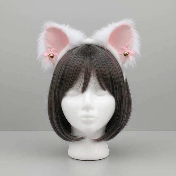 Kawaii white faux fur cat ear headband with pink velvet inner ears pink ribbon bows and gold jingle bells on a mannequin head with dark brown bob wig, kawaii cat ears cosplay neko ears lolita anime headband against neutral grey studio background