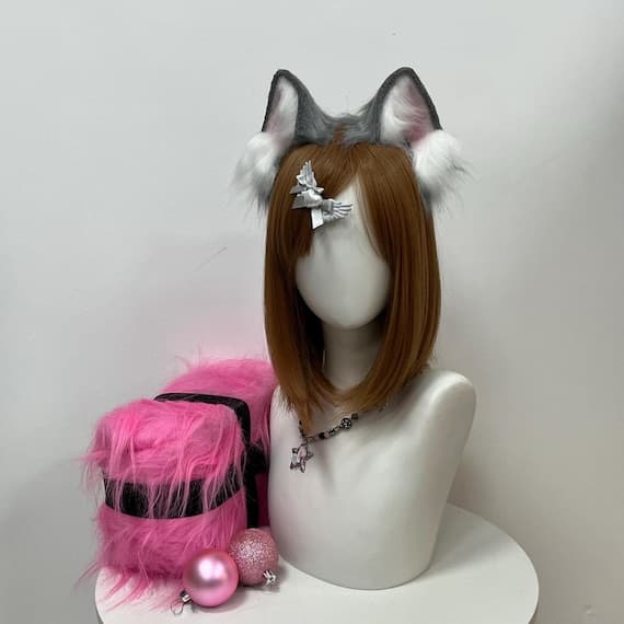 Fluffy red and black cat ears headband with realistic soft faux fur for cosplay, nekomimi, kemonomimi, kittenplay, pet play, kawaii costumes, anime, furry conventions, Halloween, or themed parties. Adjustable, lightweight, and comfortable. Can be paired with tails, collars, ribbons, bells, or other cosplay accessories. Perfect for playful, cute, and realistic cat, kitsune, fox, or animal-inspired costume sets for all ages.