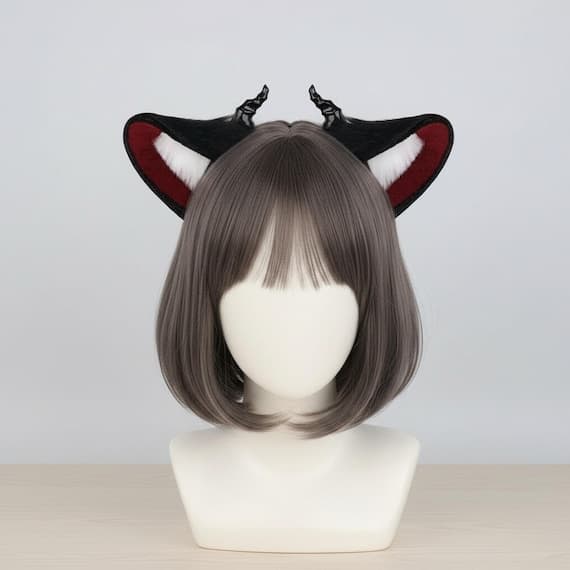 Devil horn headband with gothic horns in black and red faux fur on slim metal headband, fantasy horns plush ears on mannequin with dark ash brown wig on warm wood table, front view showing pointed ears with black faux fur exterior and deep crimson inner panels with white fur tufts, twisted horn tips, gothic ears headband vampire horns cosplay accessory for halloween fantasy costume against neutral studio background