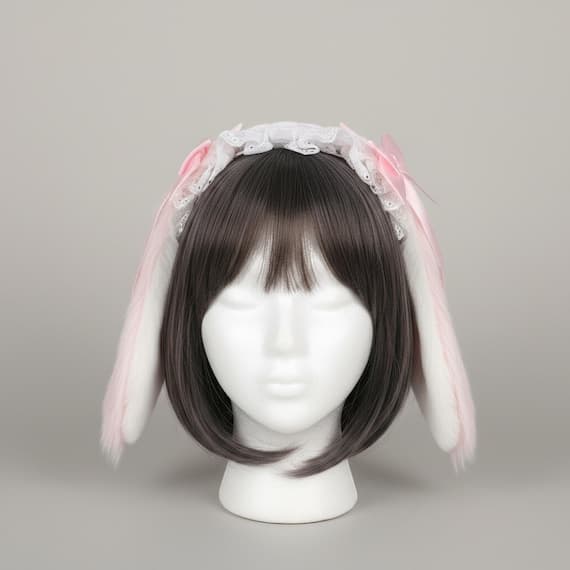 Pink lop-eared rabbit ears headband on mannequin head with dark brown wig, oversized floppy droopy plush faux fur bunny ears in soft pink with white inner lining, delicate lace ruffle crown detail with matching pink satin bows at ear base, lolita style rabbit ear hair accessory perfect for cosplay costumes anime conventions Easter celebrations Halloween parties and kawaii dress-up, floppy bunny ear headpiece ideal for photo shoots festival outfits and cute costume accessories for women and teens