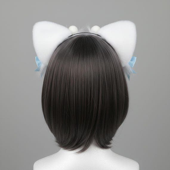 Rear view of plush blue faux fur cat ear headband showing white plush fur ear backs thin black metal headband white pompom tufts at crown and blue satin ribbon bows on a mannequin head with dark brown bob wig, back view plush cat ears cosplay neko ears lolita anime kawaii headband cat ears with bells fluffy ears cute cat ears kitten ears faux fur cat ears kawaii accessories gift for cat lover anime cat ears against neutral grey studio background