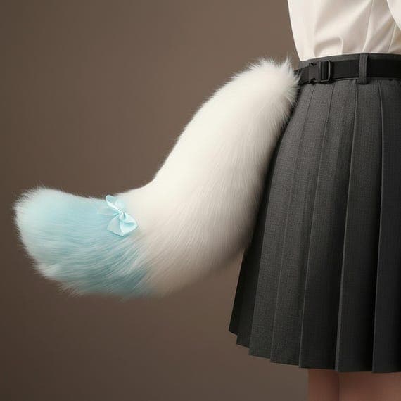 Side view of blue and white two-tone faux fur fox tail clipped at waist on dark pleated skirt showing gentle C-curve shape with fluffy white body and sky blue colored tip with decorative blue satin ribbon bow at color junction. Fox tail cosplay costume accessory kitsune therian prop on warm beige studio background. Plush polyester faux fur fox tail with adjustable belt strap for cosplay conventions anime halloween festivals. Fluffy pastel blue fox tail prop.