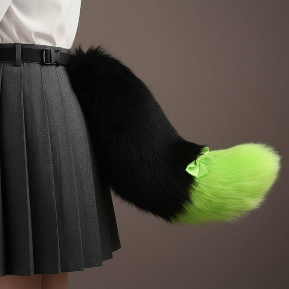 Side view of neon green and black two-tone faux fur fox tail clipped at waist on dark pleated skirt showing gentle C-curve shape with fluffy black body and bright neon green colored tip with decorative green satin ribbon bow at color junction. Fox tail cosplay costume accessory kitsune therian prop on warm beige background. Plush polyester faux fur fox tail with belt strap for cosplay conventions anime halloween. Bold neon green fox tail.