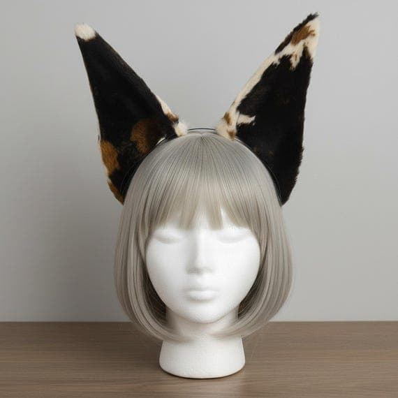 Yellow brown calico spotted dog ear headband on mannequin head with ash blonde wig. Tall pointed plush ears with tortoiseshell-like brown black and cream spotted pattern on slim metal headband. Realistic wild dog ears cosplay accessory for halloween anime con therian kemonomimi.