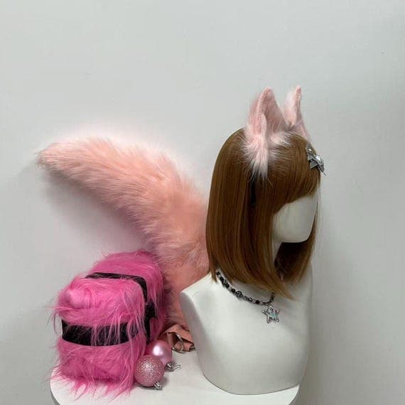 Fox Ears Peach color Faux Fur  Headband and Tail: Cosplay Costume Accessory - Image 4