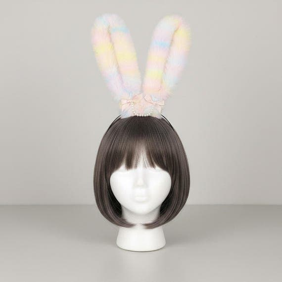 Rear view of pastel gradient bunny ears headband on mannequin head with dark brown wig showing back of ears, plush faux fur with soft gradient coloring visible from behind, pearl detail and bow at base, warm beige background