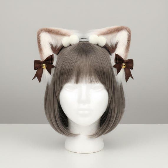 Plush brown faux fur cat ear headband with white fluffy inner ears white pompom tufts at crown chocolate brown satin ribbon bows and gold jingle bells on a mannequin head with grey-brown bob wig, plush cat ears cosplay neko ears lolita anime kawaii headband cat ears with bells fluffy ears cute cat ears kitten ears faux fur cat ears kawaii accessories gift for cat lover anime cat ears against neutral grey studio background