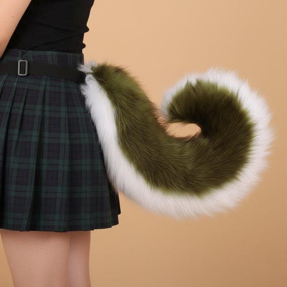 Side view of forest green faux fur shiba inu curled tail worn at waist with adjustable black belt strap on plaid skirt showing realistic body proportions. Fluffy plush two-tone tail with deep green fur on top and white fur on entire underside curling into tight spiral shape approximately 75cm long and 15cm curl diameter. Soft thick polyester faux fur fantasy shiba inu dog tail cosplay accessory therian furry costume prop for conventions Halloween anime costumes. Warm beige studio background