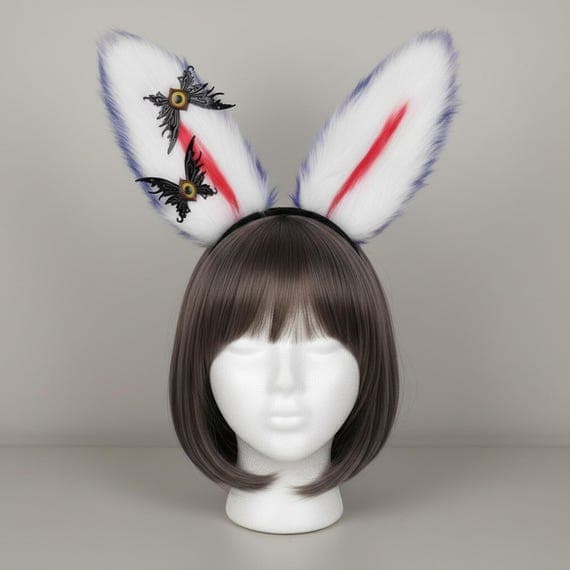 Gothic bunny ears headband in blue and white on mannequin head with styled wig, white plush faux fur rabbit ears with striking blue inner streak and black bat wing accents featuring golden eye detail at base, dark fantasy style gothic rabbit ear hair accessory for cosplay costumes anime conventions Halloween costume parties and goth dress-up, bat wing bunny ear headpiece ideal for photo shoots festival outfits and edgy costume accessories for women teens and dark aesthetic cosplay fans