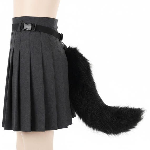 Side view of black faux fur wolf tail worn on mannequin body with pleated gray skirt. Fluffy plush black wolf tail attached at waist with adjustable black belt strap and plastic buckle visible. Tail curves naturally downward showing thick dense black fur. Animal costume cosplay accessory wolf costume halloween convention prop. Studio photo on neutral background.