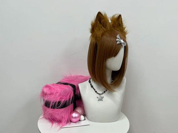 Brown cosplay fox ears paired with costume outfit, handmade animal ears headband for therian cosplay