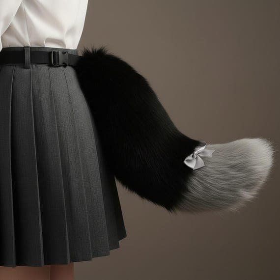 Side view of gray and black two-tone faux fur fox tail clipped at waist on dark pleated skirt showing gentle C-curve shape with fluffy black body and silver gray colored tip with decorative gray satin ribbon bow at color junction. Fox tail cosplay costume accessory kitsune therian prop on warm beige studio background. Plush polyester faux fur fox tail with adjustable belt strap for cosplay conventions anime halloween festivals. Bold gray and black fox tail prop.