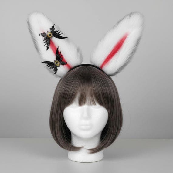 Gothic bunny ears headband in gray on mannequin head with styled wig, sleek gray plush faux fur rabbit ears with black bat wing accents featuring golden eye detail at base, dark fantasy style gothic rabbit ear hair accessory perfect for cosplay costumes anime conventions Halloween costume parties and goth themed dress-up, bat wing bunny ear headpiece with neutral gray tone ideal for photo shoots festival outfits and versatile dark costume accessories for women teens and gothic cosplay enthusiast