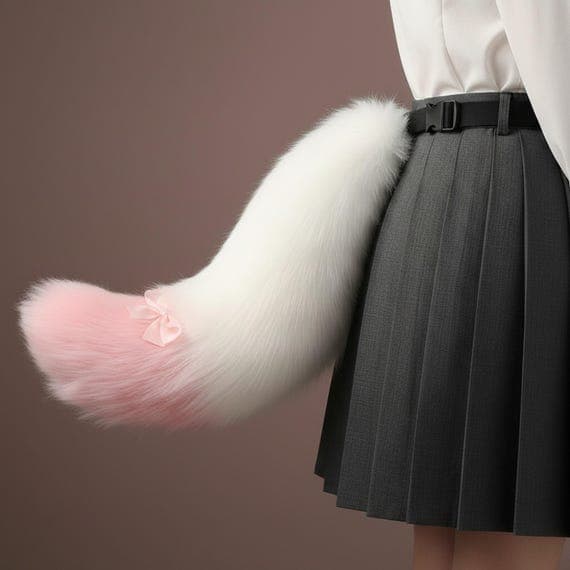 Side view of pink and white two-tone faux fur fox tail clipped at waist on dark pleated skirt showing gentle C-curve shape with fluffy white body and soft pink colored tip with decorative pink satin ribbon bow at color junction. Fox tail cosplay costume accessory kitsune therian prop on warm beige studio background. Plush polyester faux fur fox tail with adjustable belt strap for cosplay conventions anime halloween festivals. Fluffy pastel pink fox tail prop.