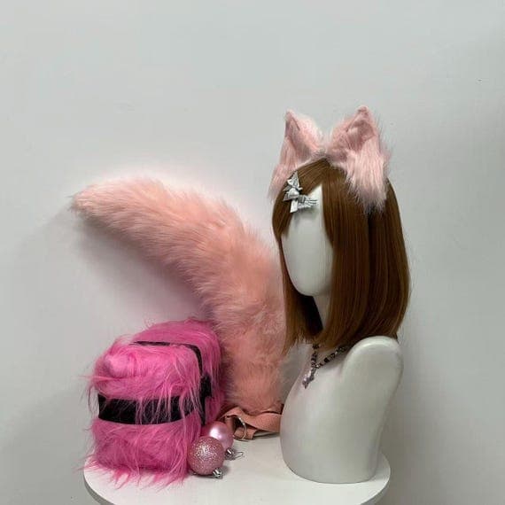Fox Ears Peach color Faux Fur  Headband and Tail: Cosplay Costume Accessory - Image 3