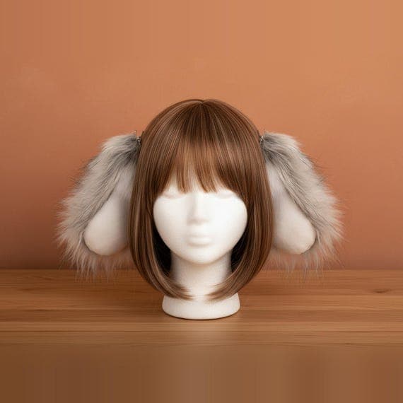 Floppy dog ear headband in grey and white faux fur on slim black metal headband, oversized droopy puppy ears displayed on mannequin with chestnut brown wig, front view showing elongated teardrop shaped ears with smooth white plush inner panels and long grey wispy fur fringes hanging past jawline, droopy spaniel style dog ears cosplay against warm terracotta background