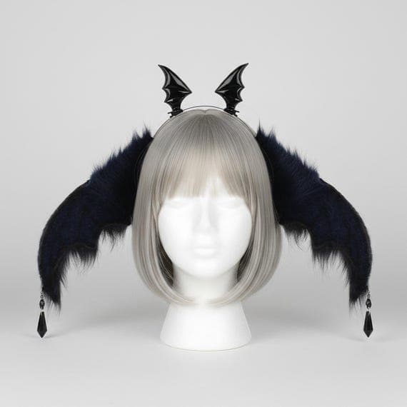 Plush bat ears headband in dark blue navy and black faux fur on slim metal headband displayed on mannequin with ash blonde wig, front view showing oversized bat wing ears with navy blue embroidered wing vein membrane panels and black fur fringes, two PU leather bat wings at crown, black crystal pendants at ear tips, bat ears headband gothic cosplay demon ears halloween therian against neutral grey studio background