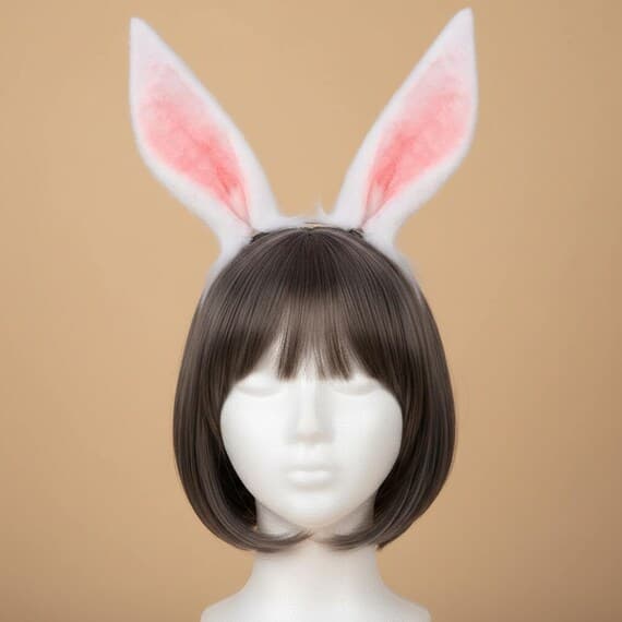 Realistic poseable rabbit ears headband displayed on a mannequin head with styled wig. Large white faux fur bunny ears with deep pink inner ear panels and delicate fur fringe detailing at the base. Built-in bendable wire frame allows custom ear positioning for upright, floppy, or angled looks. Detachable ears snap onto a thin metal headband for easy adjustment. Premium quality rabbit cosplay costume accessory for Halloween, Easter, anime conventions, themed photo shoots, and costume party events