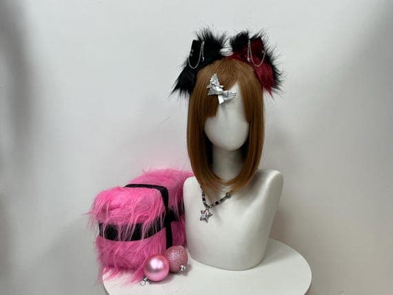 Red and black furry cat ears with plush texture on a flexible headband, designed for cosplay, nekomimi, kittenplay, pet play, kawaii fashion, kemonomimi, furry conventions, Halloween, or themed parties. Adjustable and lightweight for long wear. Ideal for pairing with tails, ribbons, collars, bells, or other accessories for realistic cat, fox, or anime-inspired cosplay sets. Cute and perfect for adults, teens, and children.