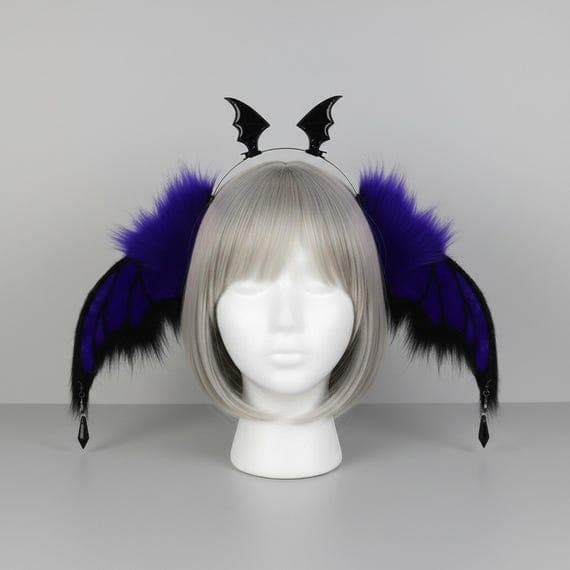 Plush bat ears headband in blue and black faux fur on slim metal headband displayed on mannequin with ash blonde wig, front view showing oversized bat wing ears with deep purple indigo embroidered wing vein membrane panels and black fur fringes, two PU leather bat wings at crown, black crystal pendants at ear tips, bat ears headband gothic demon ears cosplay halloween costume accessory against neutral grey studio background