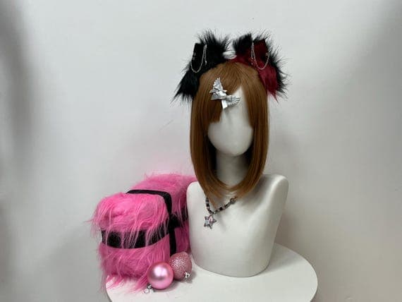 Realistic red and black furry cat ears, ideal for cosplay, nekomimi, kemonomimi, kittenplay, pet play, furry events, kawaii fashion, anime cosplay, Halloween, or costume sets. Adjustable and comfortable for adults, teens, and kids. Pair with matching tails, ribbons, collars, bells, or clips for complete cosplay or furry outfit. Soft, fluffy, and playful accessory for cat, fox, or animal-inspired costume looks.