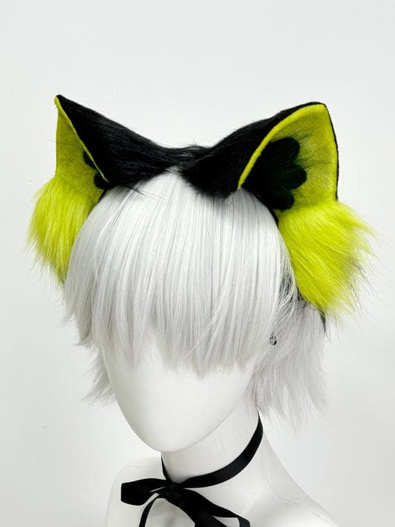 Bright neon yellow lime faux fur cat ears headband on clean white background product photo showing fluorescent yellow-green color detail perfect for festival cosplay accessories. Front view displays vibrant electric yellow outer fur, dark olive green inner ears, fluffy bright yellow tufts, all mounted on slim comfortable black headband. Ideal for rave EDM festival outfits, anime convention cosplay, catgirl neko builds, Halloween costumes, therian kemonomimi furry meetups, streaming content props