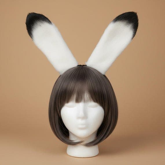 Arctic rabbit poseable ears headband displayed on a mannequin head with styled wig. Stunning white faux fur bunny ears with dark gray-to-black gradient tips inspired by the arctic hare. Extra tall 30cm ears with built-in bendable wire frame for custom positioning. Dense fine fur texture weighing 50g on a slim metal headband for all-day comfort. Nature-inspired rabbit cosplay accessory perfect for winter costumes, Halloween outfits, anime conventions, themed photo shoots, and festival events