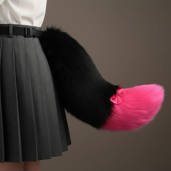 Side view of pink and black two-tone faux fur fox tail clipped at waist on dark pleated skirt showing gentle C-curve shape with fluffy black body and hot pink colored tip with decorative pink satin ribbon bow at color junction. Fox tail cosplay costume accessory kitsune therian prop on warm beige studio background. Plush polyester faux fur fox tail with adjustable belt strap for cosplay conventions anime halloween festivals. Bold pink and black fox tail prop.
