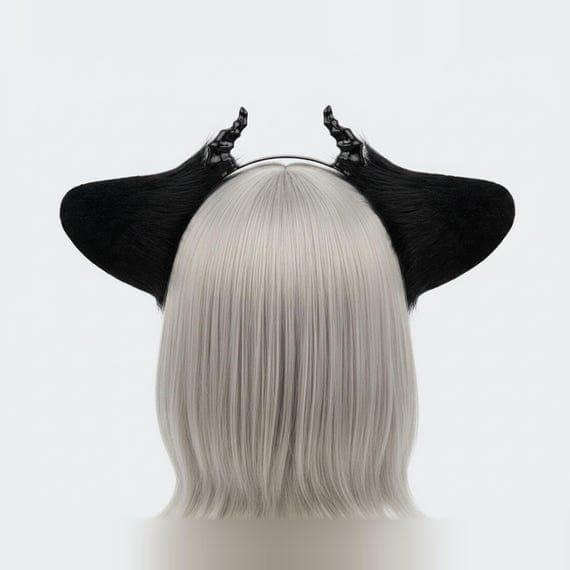 Demon horn headband rear view on mannequin with ash blonde wig seen from behind, devil horns headband showing black faux fur exterior of both ears with twisted horn tips rising from each ear, slim black metal horn headband arc visible between vampire horns, back of head view showing how devil horn headband gothic cosplay costume horns look from behind against neutral grey studio background