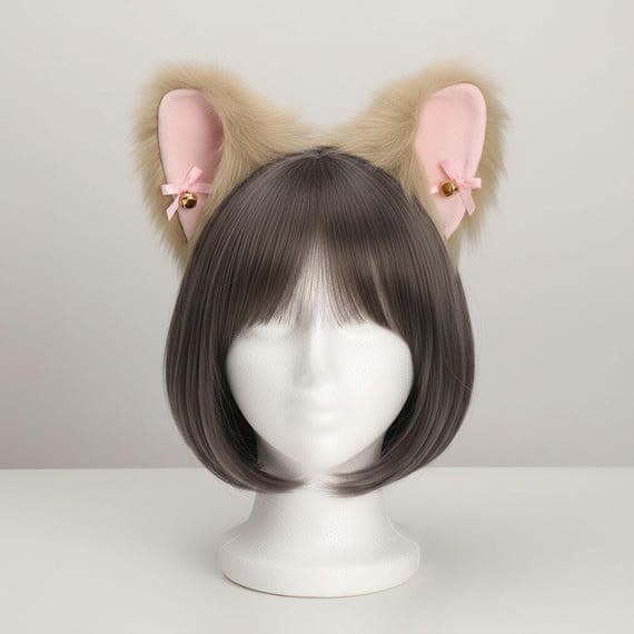 Kawaii khaki faux fur cat ear headband with pink velvet inner ears pink ribbon bows and gold jingle bells on a mannequin head with dark brown bob wig, kawaii cat ears cosplay neko ears lolita anime headband against neutral grey studio background