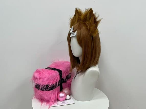 Model wearing brown fox ears cosplay headband, perfect for furry, therian, or anime costume looks