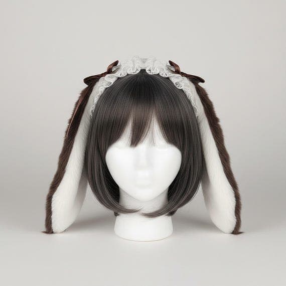Brown lop-eared rabbit ears headband on mannequin head with dark wig, oversized floppy droopy plush faux fur bunny ears in warm brown with white inner lining, refined lace ruffle crown detail with brown satin bows at ear base, lolita style floppy rabbit ear hair accessory for cosplay costumes anime conventions Easter outfit accessories Halloween parties and kawaii dress-up looks, droopy bunny ear headpiece ideal for photo shoots festival outfits and cute costume props for women and teens