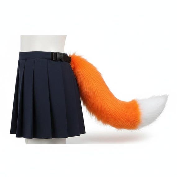 Side view of orange faux fur wolf tail with white tip worn on mannequin body with pleated navy skirt. Bright orange plush tail attached at waist with adjustable black belt strap. Vivid orange fur transitions to white tip at end. Animal costume cosplay accessory wolf costume halloween convention prop. Studio photo on neutral background.
