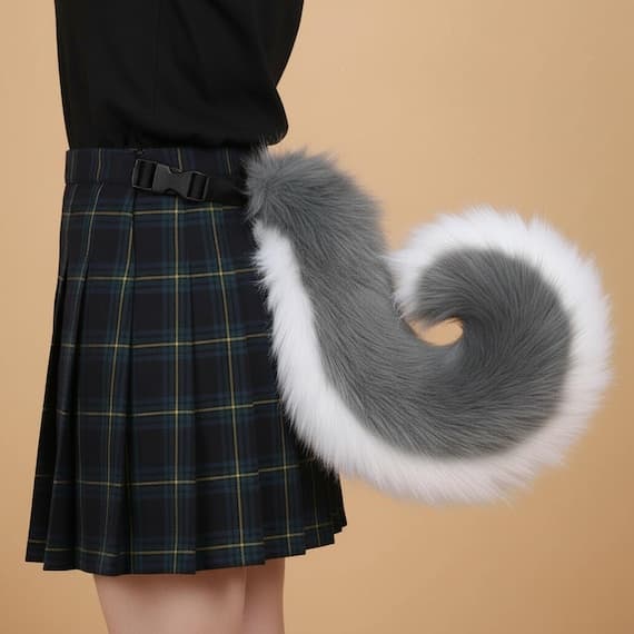 Side view of steel gray faux fur shiba inu curled tail worn at waist with adjustable black belt strap on plaid skirt showing realistic body proportions. Fluffy plush two-tone tail with gray fur on top and white fur on entire underside curling into tight spiral shape approximately 75cm long and 15cm curl diameter. Soft thick polyester faux fur shiba inu dog tail cosplay accessory therian furry costume prop for conventions Halloween anime costumes festivals. Warm beige studio background