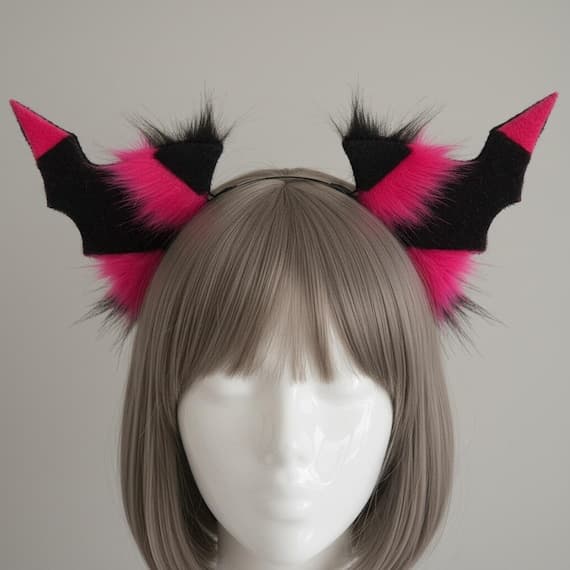 Black and hot pink plush faux fur bat wing ears headband displayed on mannequin with grey brown bob wig. Fluffy oversized bat ears with black velvet bat wing shape and vivid magenta pink fur accents and tufts on slim metal headband. Demon bat cosplay costume accessory for halloween anime con gothic dark fantasy therian furry meetup festival rave. Lightweight 40g plush animal ears headband one size fits most. Perfect for e-girl kawaii goth rave festival cosplay