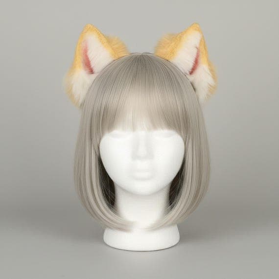 Realistic Shiba Inu puppy ears headband front view showing golden tan faux fur dog ears with white fluffy tufts at base and subtle pink inner ear detail, furry plush dog ear headband on slim metal band displayed on mannequin head, animal ears cosplay costume accessory for therian kemonomimi anime convention wear