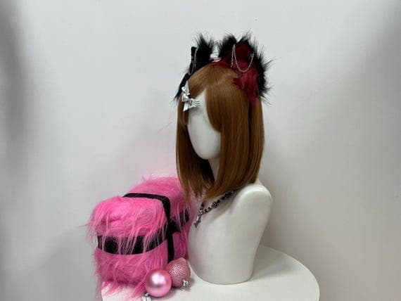 Soft plush red and black cat ears on a headband for cosplay, nekomimi, kemonomimi, kawaii outfits, kittenplay, pet play, anime, furry roleplay, Halloween, or costume sets. Lightweight, adjustable, and comfortable for all-day wear. Perfect for pairing with tails, collars, ribbons, bells, clips, or other cosplay accessories. Adds a cute, playful, and realistic touch to cat, fox, or feline-inspired outfits for teens, adults, and kids.