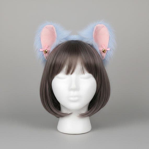 Kawaii blue faux fur cat ear headband with pink velvet inner ears pink ribbon bows and gold jingle bells on a mannequin head with dark brown bob wig, kawaii cat ears cosplay neko ears lolita anime headband against neutral grey studio background
