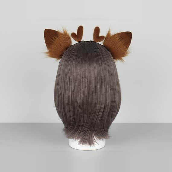 Rear view brown deer antler headband showing golden-brown faux fur outer on pointed ear backs with plush antler nubs between ears and slim black metal headband across back of mannequin head with bob wig, back view deer ears costume ears animal ears headband deer headband fawn ears deer antler headband cosplay ears faux fur ears cosplay antlers deer ear headband cosplay animal ears animal cosplay furry deer ears antler headband against neutral grey studio background