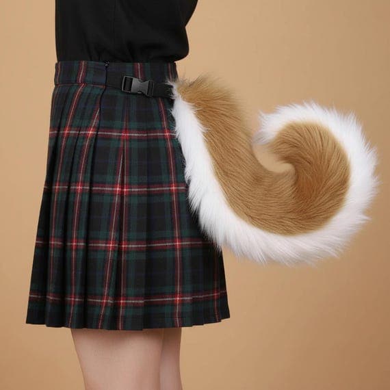Side view of warm camel faux fur shiba inu curled tail worn at waist with adjustable black belt strap on plaid skirt showing realistic body proportions. Fluffy plush two-tone tail with camel tan fur on top and white fur on entire underside curling into tight spiral shape approximately 75cm long and 15cm curl diameter. Soft thick polyester faux fur shiba inu dog tail cosplay accessory therian furry costume prop for conventions Halloween anime costumes. Warm beige studio background