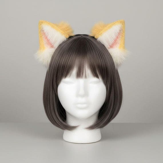 Shiba Inu puppy ears headband displayed on mannequin with dark brown wig, golden tan faux fur dog ears costume with cream inner panels and pink accents, realistic furry animal ears with tall upright pointed shape and fluffy base tufts on slim black headband, plush dog ears cosplay accessory for halloween anime con therian