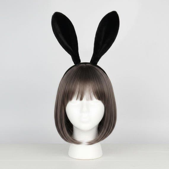 Plush bunny ears headband in sleek solid black displayed on a mannequin head with styled wig. Soft faux fur rabbit ears standing 18cm tall on a matching padded black headband creating a seamless dark aesthetic. Lightweight 49g costume headband perfect for Halloween bunny costumes, gothic cosplay outfits, anime convention accessories, themed party wear, dress-up events, and dramatic photo shoot styling. Part of a five-color rabbit ears headband collection with pink, camel, grey, and white options