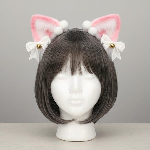 Plush pink faux fur cat ear headband with white fluffy inner ears white pompom tufts at crown white organza ribbon bows and gold jingle bells on a mannequin head with dark brown bob wig, plush cat ears cosplay neko ears lolita anime kawaii headband cat ears with bells fluffy ears cute cat ears pink cat ears kitten ears faux fur cat ears kawaii accessories gift for cat lover anime cat ears against neutral grey studio background