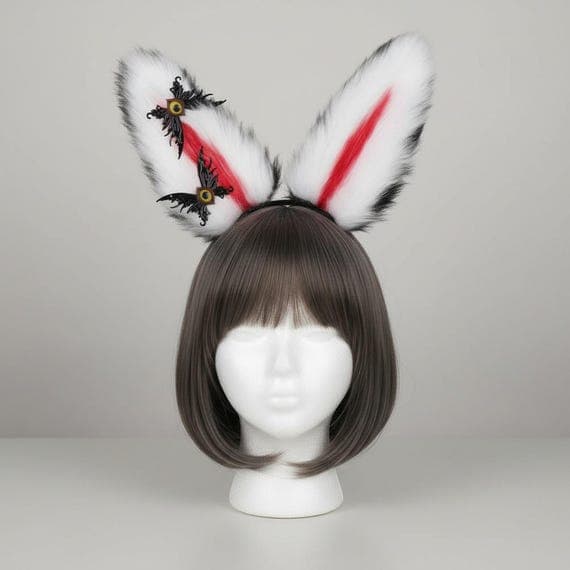 Gothic bunny ears headband in black and white on mannequin head with dark brown wig, white plush faux fur rabbit ears with bold red inner streak accent and black bat wing decorations featuring golden eye embellishment at base, dark fantasy style rabbit ear hair accessory perfect for cosplay costumes anime conventions Halloween costume parties and gothic themed dress-up, goth bunny ear headpiece ideal for photo shoots festival outfits and edgy costume accessories for women teens and cosplay fans