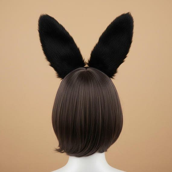 Rear view of gothic bunny ears headband on mannequin head with dark brown wig showing back of plush faux fur rabbit ears with solid black fur surface visible from behind, bat wing accents and golden eye detail on front side, dark fantasy style gothic rabbit ear hair accessory for cosplay costumes anime conventions Halloween costume parties and goth dress-up looks, bat wing bunny ear headpiece back angle for styling reference ideal for photo shoots festival outfits and dark aesthetic costume wear
