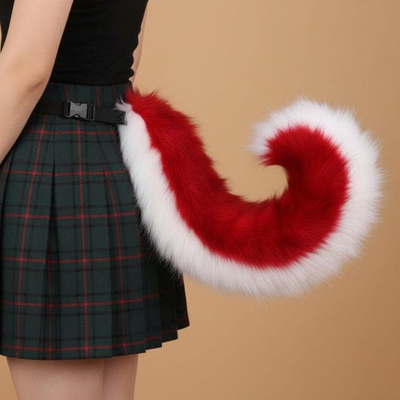 Side view of deep red faux fur shiba inu curled tail worn at waist with adjustable black belt strap on plaid skirt showing realistic body proportions. Fluffy plush two-tone tail with rich red fur on top and white fur on entire underside curling into tight spiral shape approximately 75cm long and 15cm curl diameter. Soft thick polyester faux fur fantasy shiba inu dog tail cosplay accessory therian furry costume prop for conventions Halloween anime costumes LARP. Warm beige studio background