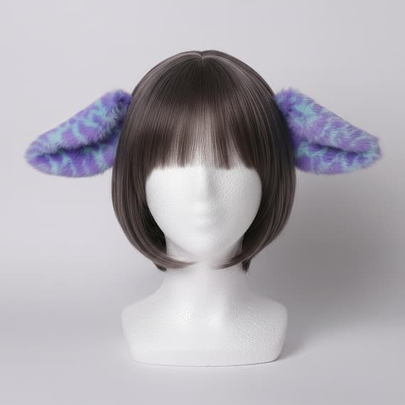 Plush sheep ear headband in lavender purple with teal aqua irregular polka dot spotted pattern displayed on a styrofoam mannequin head. Wide floppy faux fur lamb ears droop outward on a slim black metal headband. Soft fluffy cosplay ears for anime conventions, Halloween costumes, furry meetups, and fantasy events. Lightweight at only 50g. One size fits most.