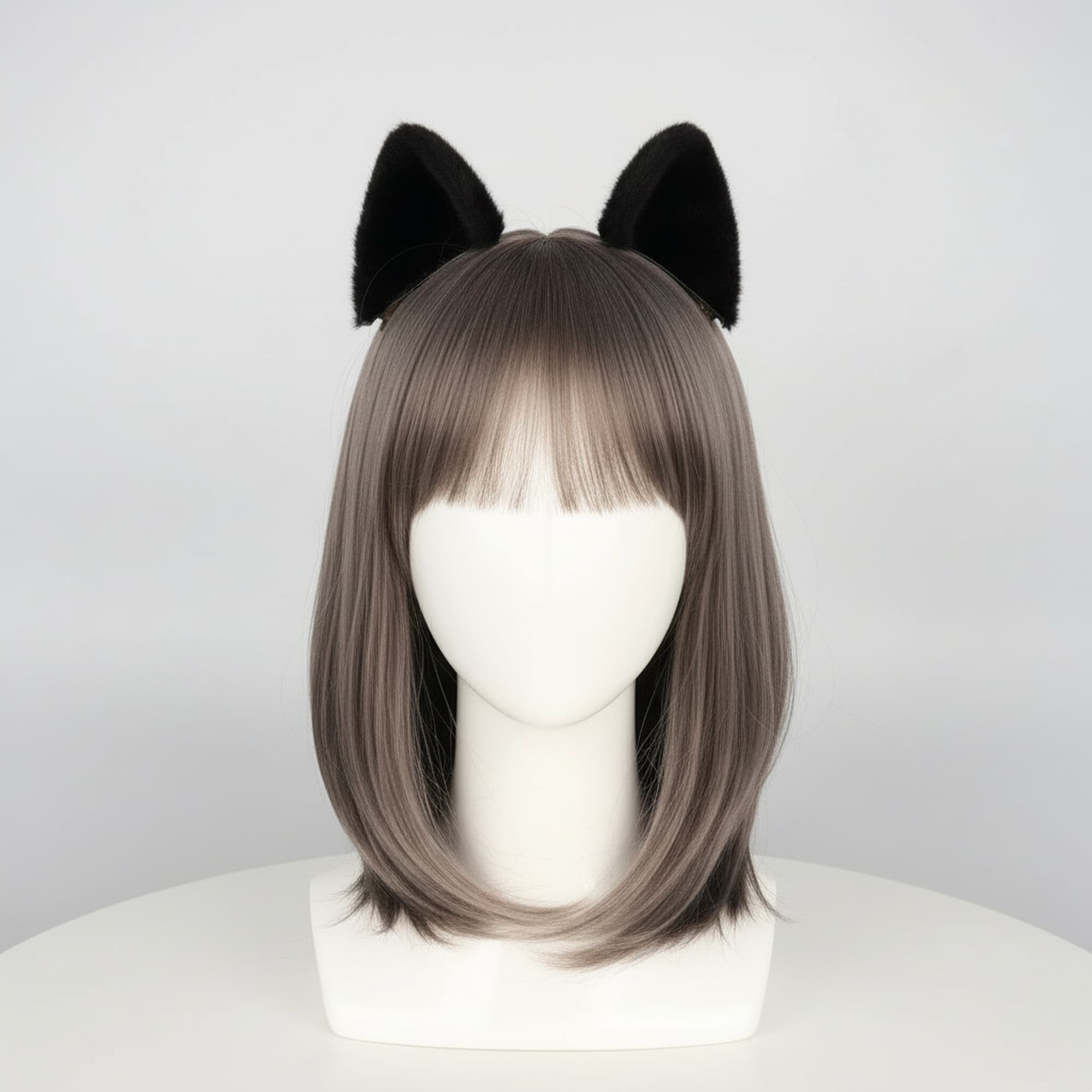 Black clip on cat ears displayed on mannequin, soft plush faux fur cat ear hair clips for cosplay, kawaii neko costume accessory, animal ear hairpins for Halloween festival rave
