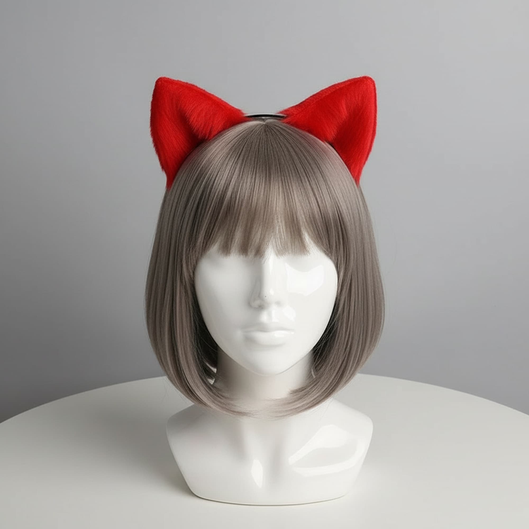Red faux fur cat ear headband on mannequin bust, vibrant cosplay cat ears for women, kawaii neko headband costume accessory, plush animal ears for Halloween festival rave party